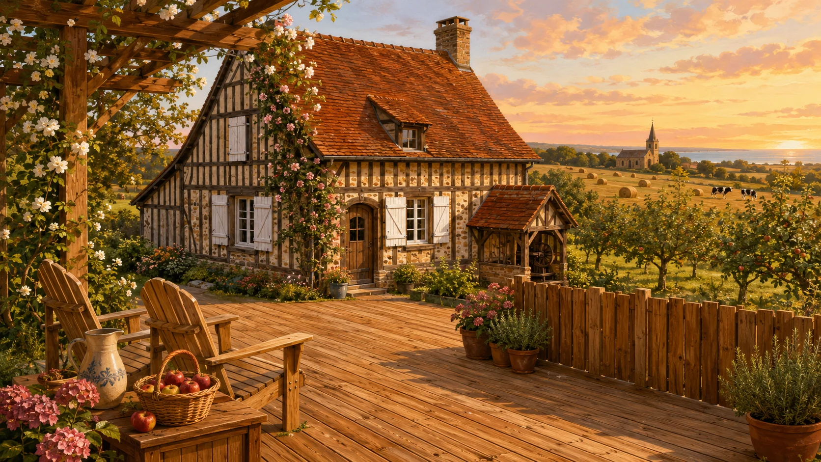 Illustration paysagère du dépôt avec terrasse en bois et clôture